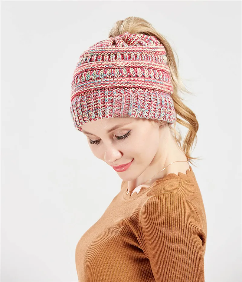 Женская зимняя шапка Skullies Beanies, вязаная шапка с ушками, теплая, конский хвост, толстая шерсть, грязные модные аксессуары, Outdoor-XMC-W6