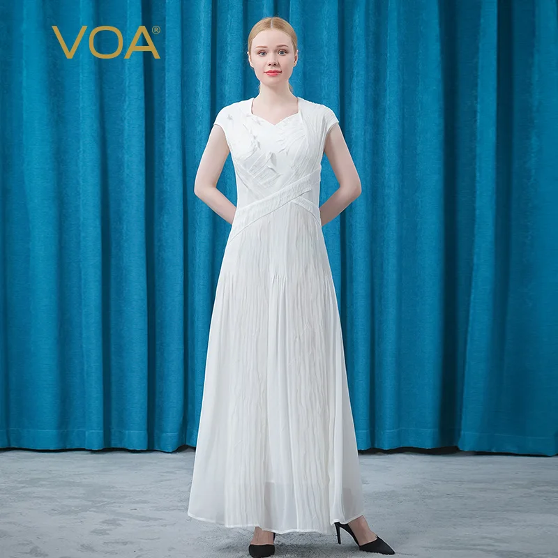 

VOA 60m/m Silk Party White Dress Summer AE863 Short Sleeve Three-Dimensional Stitching Fold Asymmetry Maxi Dresses for Women