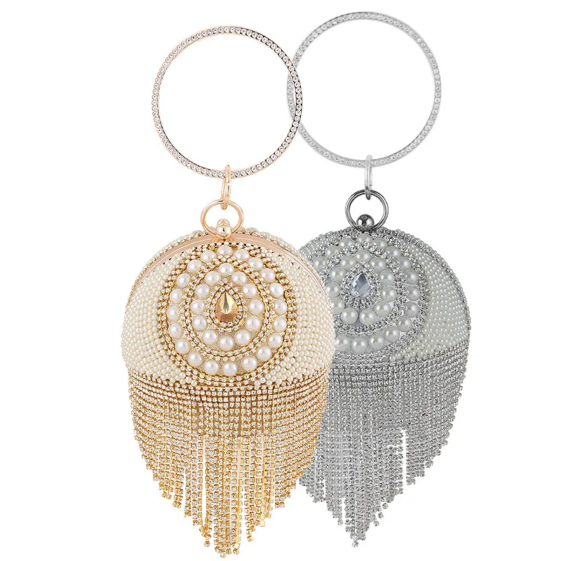 Boutique  Elegant Tassels Women Round Bag Ball Purses Crysal Evening Clutch Bags Wedding Party Diamond Wristlets Handbags