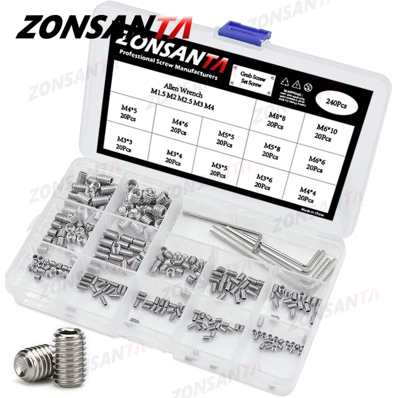 

Набор винтов ZONSANTA M3 M4 M5 M6, 240 шт., комплект винтов с шестигранной головкой, в коробке A2 304, болты для дверных ручек из нержавеющей стали