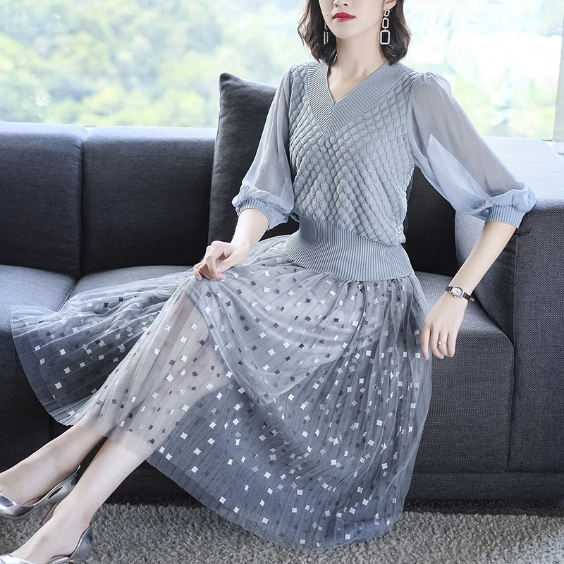 Новые осенние элегантные женские комплекты одежды шикарный вязаный свитер с