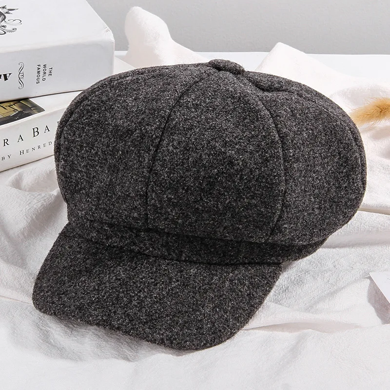 

wool Women Beret Autumn Winter Octagonal Cap Hats Stylish Artist Painter Newsboy Caps Black Grey Beret Hats
