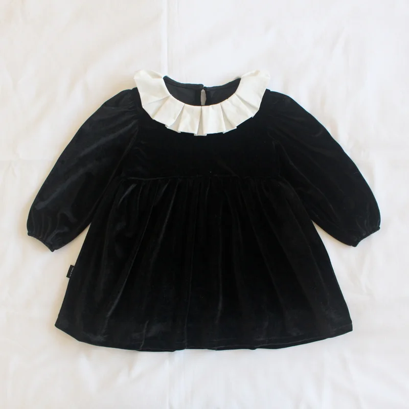 

2021 New Style Of Spring &Autumn Girl Dress Velvet Princess Dress Of Lotus Leaf Collar Color Contrast