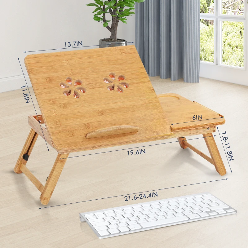 

100% Bamboo Adjustable Comkes Laptop Desk Table with USB Cooling Fan Breakfast Serving Bed Tray Tilting Top Drawer
