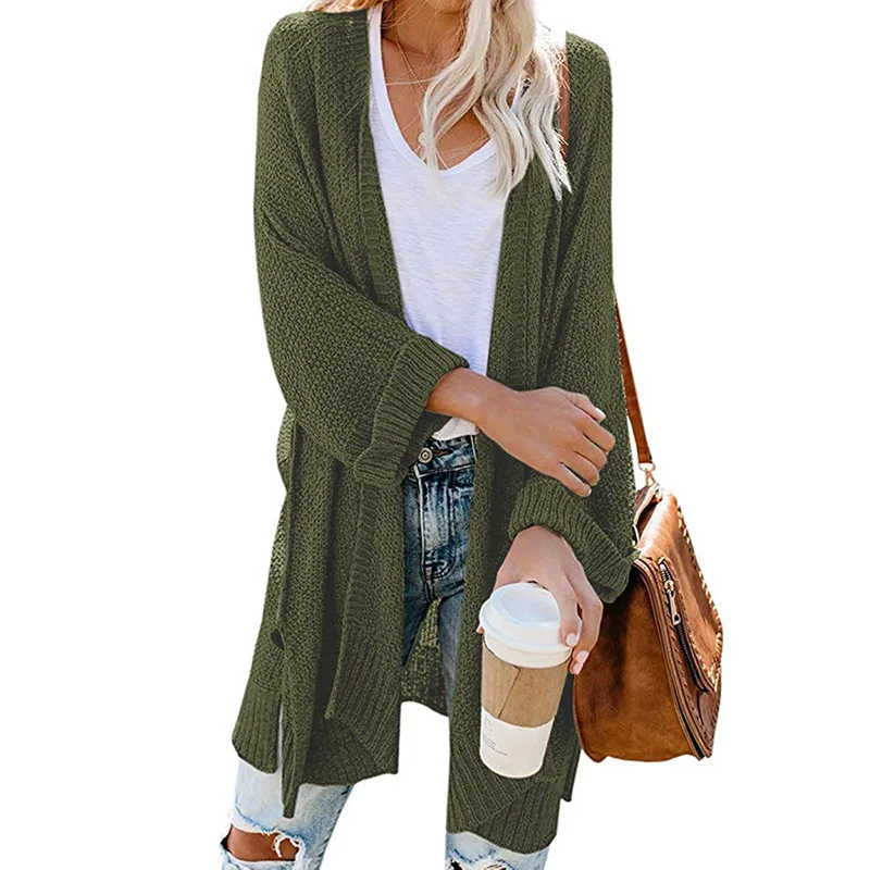 

2021 Women's Long Cardigan Sweater Knitted Top Casual Jacket Solid Color V-neck Lantern Sleeve Street Long Sleeve Jacket traf