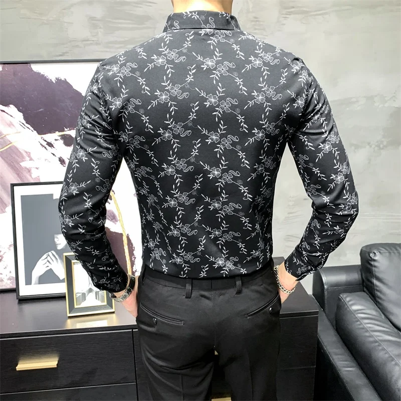 

Camisa Hombre Luxury Men Flower Shirt Fashion Autumn Floral Shirt Korean Slim Fit Casual Long Sleeve Nightclub Shirts Male V419