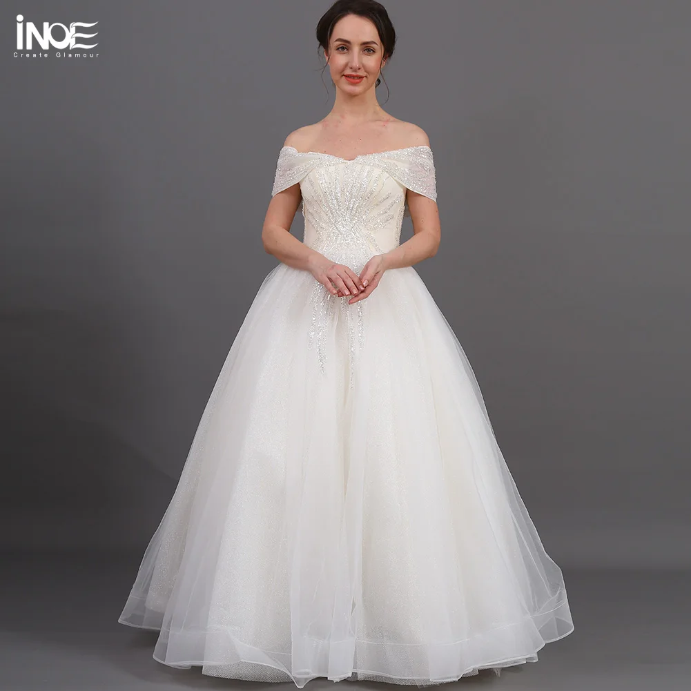 

INOE Lucky Women Fashion Princess Long Wedding Dress Strapless Ball Gown Floor Length Organza Off-the-shoulder Sequins White