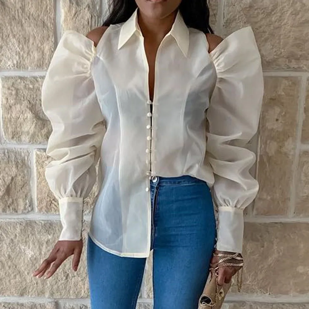 

Sexy Blouse Women Tops Fashion Lapel See Through Club Long Sleeve Office Oversize White Shirt 2021 Spring Elegant Female Tee New