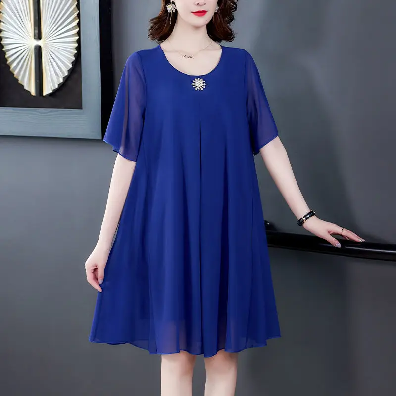 

2021 Summer Women Elegant Loose O-neck Short Sleeve Solid Chiffon Printing Knee-length A-line Dress Vestidos Plus Size 5XL Y16