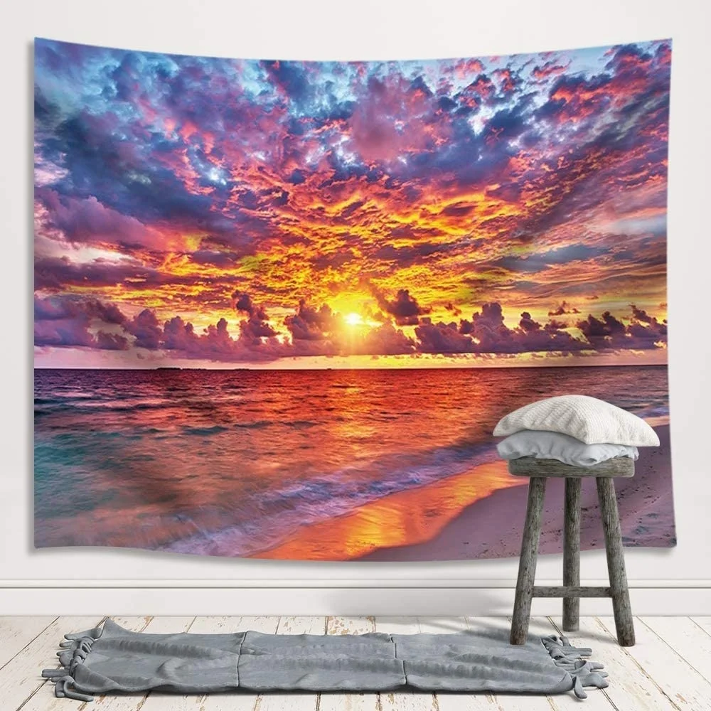 

NEW Tropical Ocean Sunset Sea Landscape Tapestry Wall Hanging Decoration, Purple Clouds and Gloden Sunshine, Wall Tapestrys