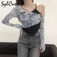 sylcue mesh asymmetrical yamamoto sleeve t shirts women sexy cute slope neck ruffles fashion tide autumn crop tops 2021 chic