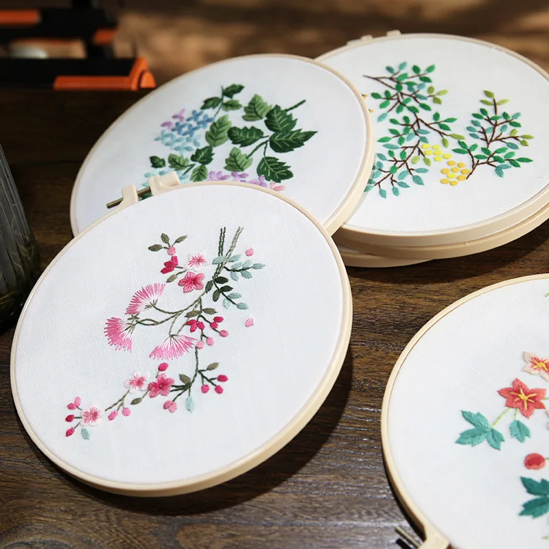 

DIY Flowers Pattern Plants Pattern Embroidery Set Handmade Round Hanging Pictures Beginner Embroidery Material Kits Cross Stitch