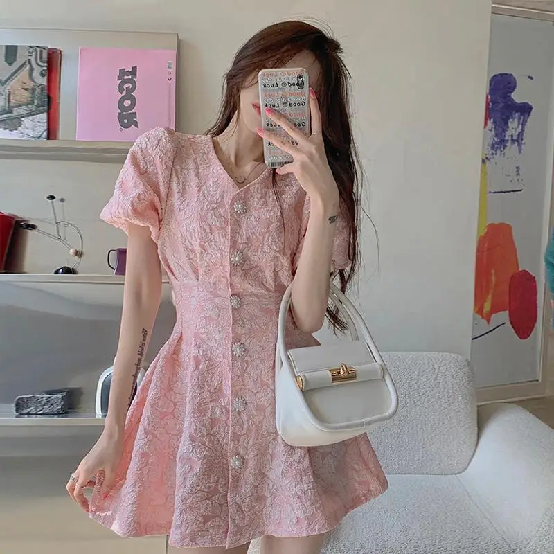 

2021Women's Summer Dress Temperament New Korean Fashion Lady Puff Short-Sleeve Printing Casual Date Pink Mini A-Line DressYM276