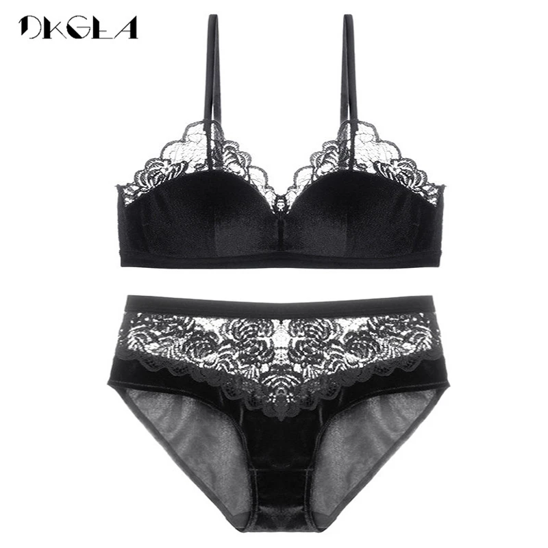 New Velvet Bras Lace Lingerie Set Blue Thin Cotton Brassiere Women Underwear Set Wire Free Embroidery Sexy Bra Panties Sets