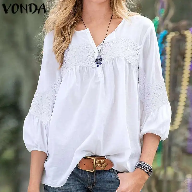 Женские винтажные пляжные Топы VONDA богемные повседневные белые рубашки с рукавом