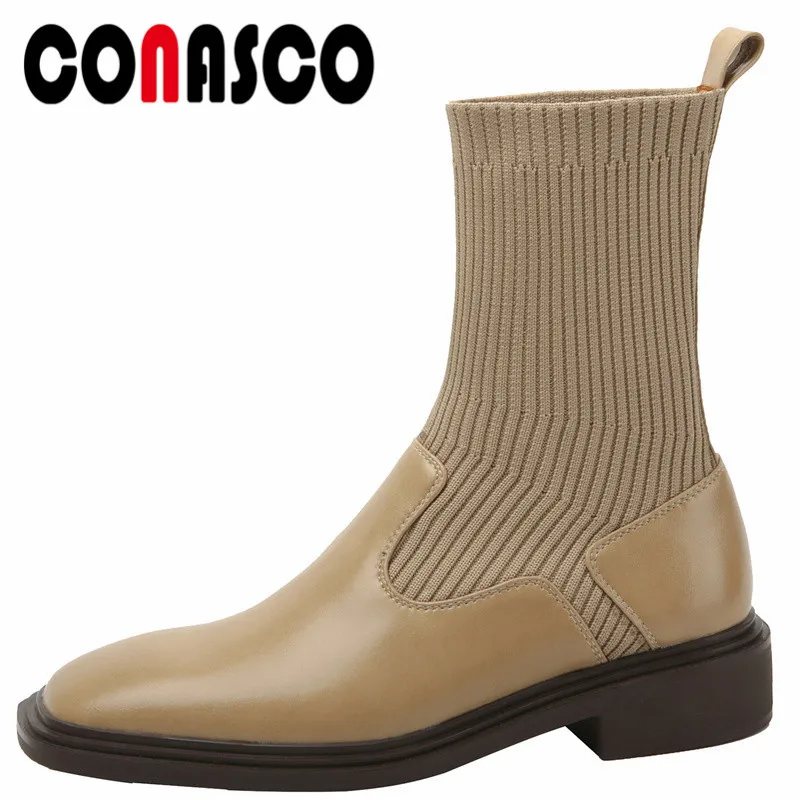 

CONASCO Elegant Women Ankle Boots Autumn Winter Warm Cow Leather Party Basic Wedding Prom Office Boots Concise Retro Shoes Woman