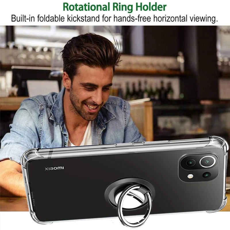 Soft Clear Holder Phone Case Xiaomi 11 Lite 5G NE Ring Case Magnetic Metal Stand Back Siliocne Cover For Xioami  Mi 11 Lite Ultra hoesje Airbag Shockproof Case Mi 11Lite Bumper Accessories coque Xiaomi 11 T Pro Mi 11T