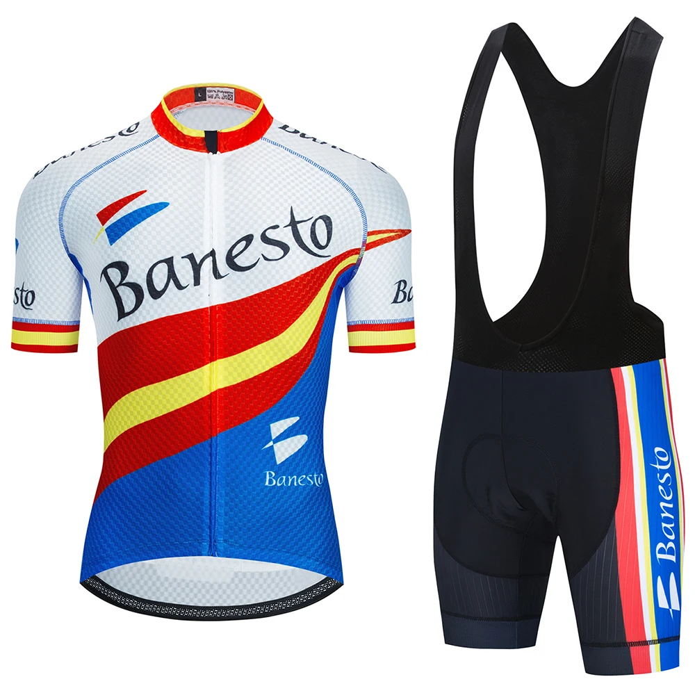 

Banesto Cycling Jersey Short Sleeve Jersey Gel Pad Bib Shorts Bike Racing Team Biker Male Female Cycling Suit