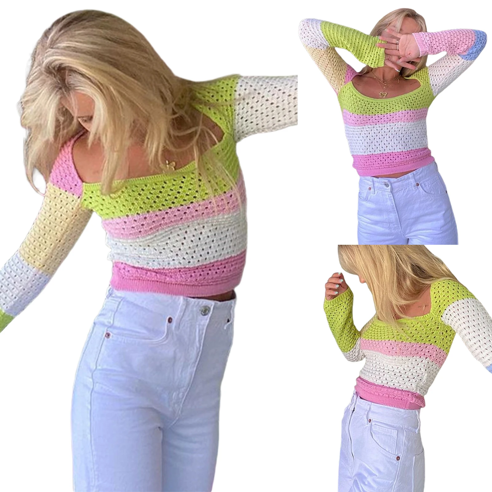 

Женский свитер с цветными вставками, вязаный пуловер с длинным рукавом и U-образным вырезом для взрослых