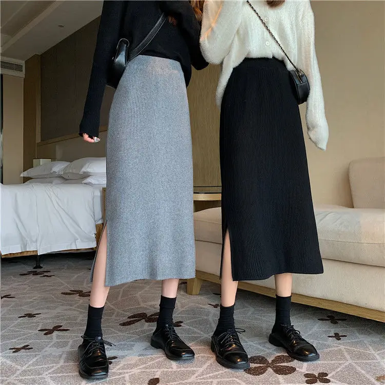 

Women's Knitted Side Slit Skirt 2020 Autumn Winter New High Waist Slim A Line Skirt Female