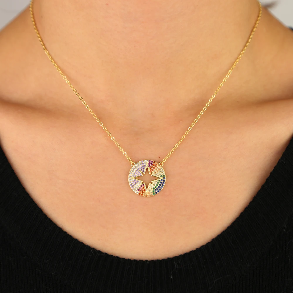 2021 полые блестящие Радуга Шарм звезда Подвеска золотого цвета с твердым
