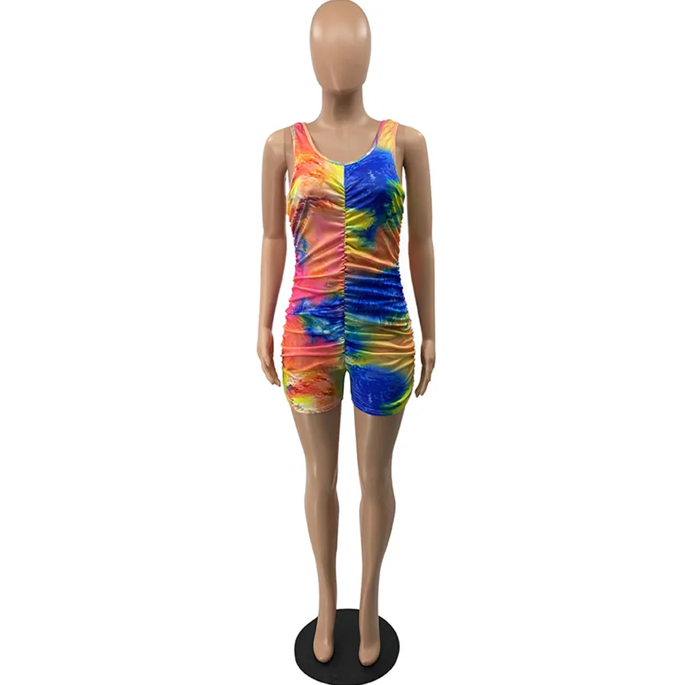 

Gradient Tie Dye Print Ruched Short Playsuits for Women Casual Scoop Neck Sleeveless Jumpsuit High Street Elastic Beach Outfit