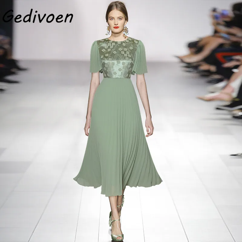 

Gedivoen мода взлетно-посадочной полосы, зеленое летнее платье для женщин с рукавами в стиле бабочки и О-образным вырезом комбинированное плать...