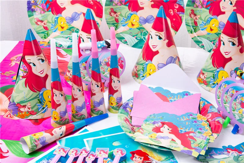 90pcs Cute happy birthday Mermaid Ariel girls baby shower party decoration banner table cloth straws cup plates supplier