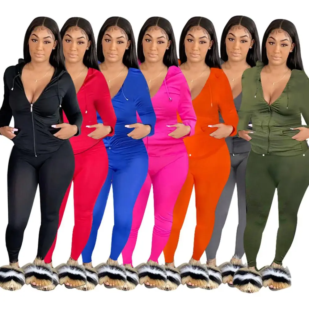

Zipper Hooded Two Piece Set Casual Long Sleeves Top and Pants Sweatpants Female Solid Skinny Women's Sets Clothes Tracksuit