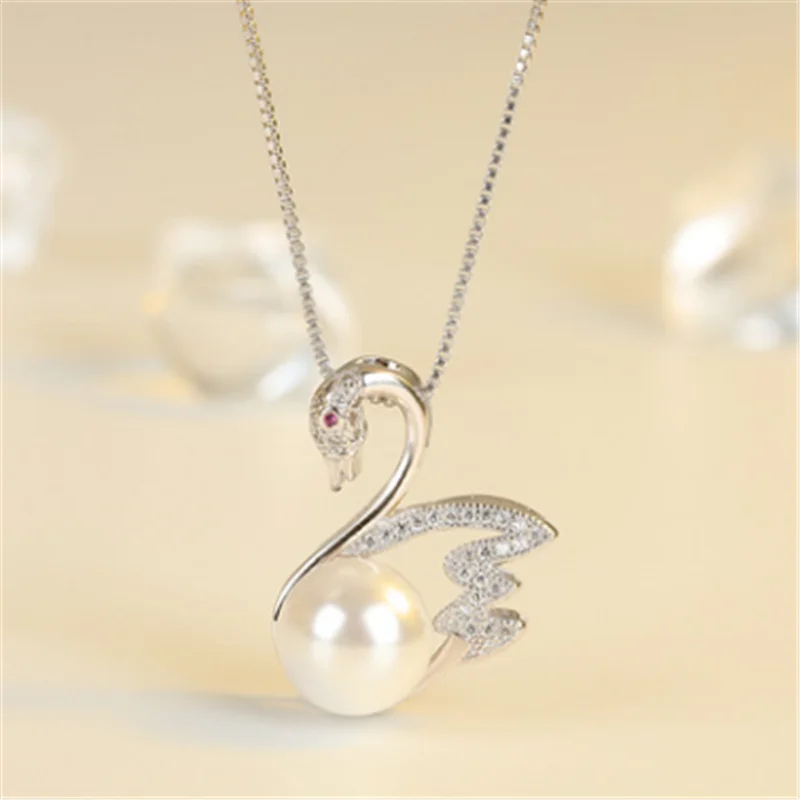 

DISINIYA 925 Gold Plated Zircon Gorgeous Swan Pendant Necklace Women's Gift Genuine Natural Freshwater Pearl Pendant
