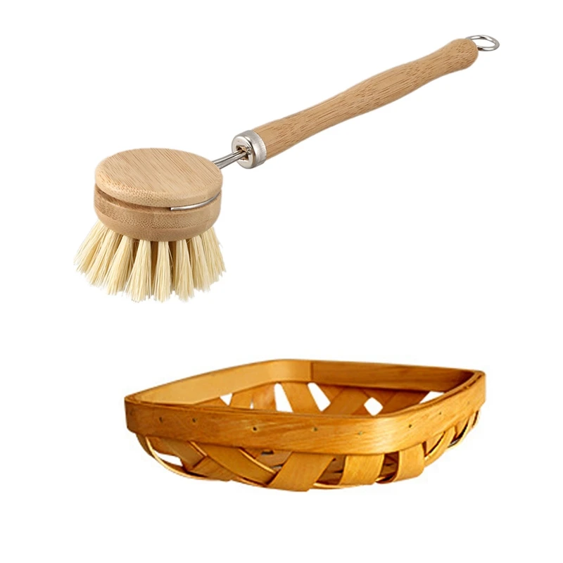 

1 шт. из дерева, с длинной ручкой тарелка моющая Чистящая Щетка и 1 шт. сплетенная проволочная корзина для гурманов Еда реквизит корзина для ф...