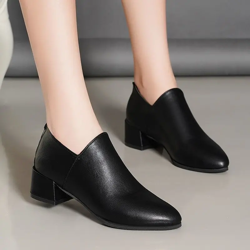 

Women Cute Light Weight Black Pu Leather Office High Heel Autumn Boots Lady Black Comfort Heel Boots Botas Femininas G9308