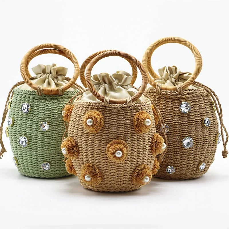 

Small Drawstring Straw Tote Bag Handmade Knitting Bucket Handbag with Handle Rhinestone Decor Women Summer Beach Wrist Purse
