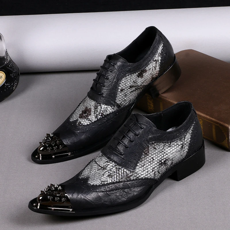 

Christia Bella Plus Size Handmade British Style Pointed Toe Rivet Man Real Leather Splicing Shoes Party Formal Male Dress Shoes