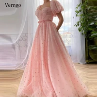 verngo princess baby pink hearty tulle prom dresses 2021 a line puff sleeves sweetheart velvet bow sash long evening gowns