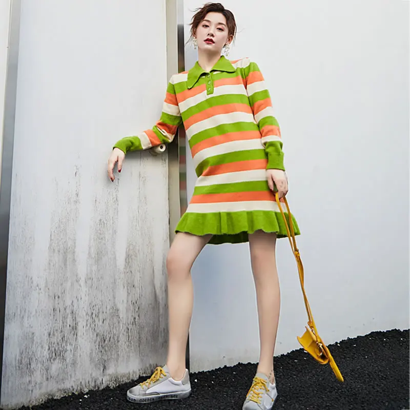 Женское трикотажное платье-поло HG платье в радужную полоску с длинными рукавами