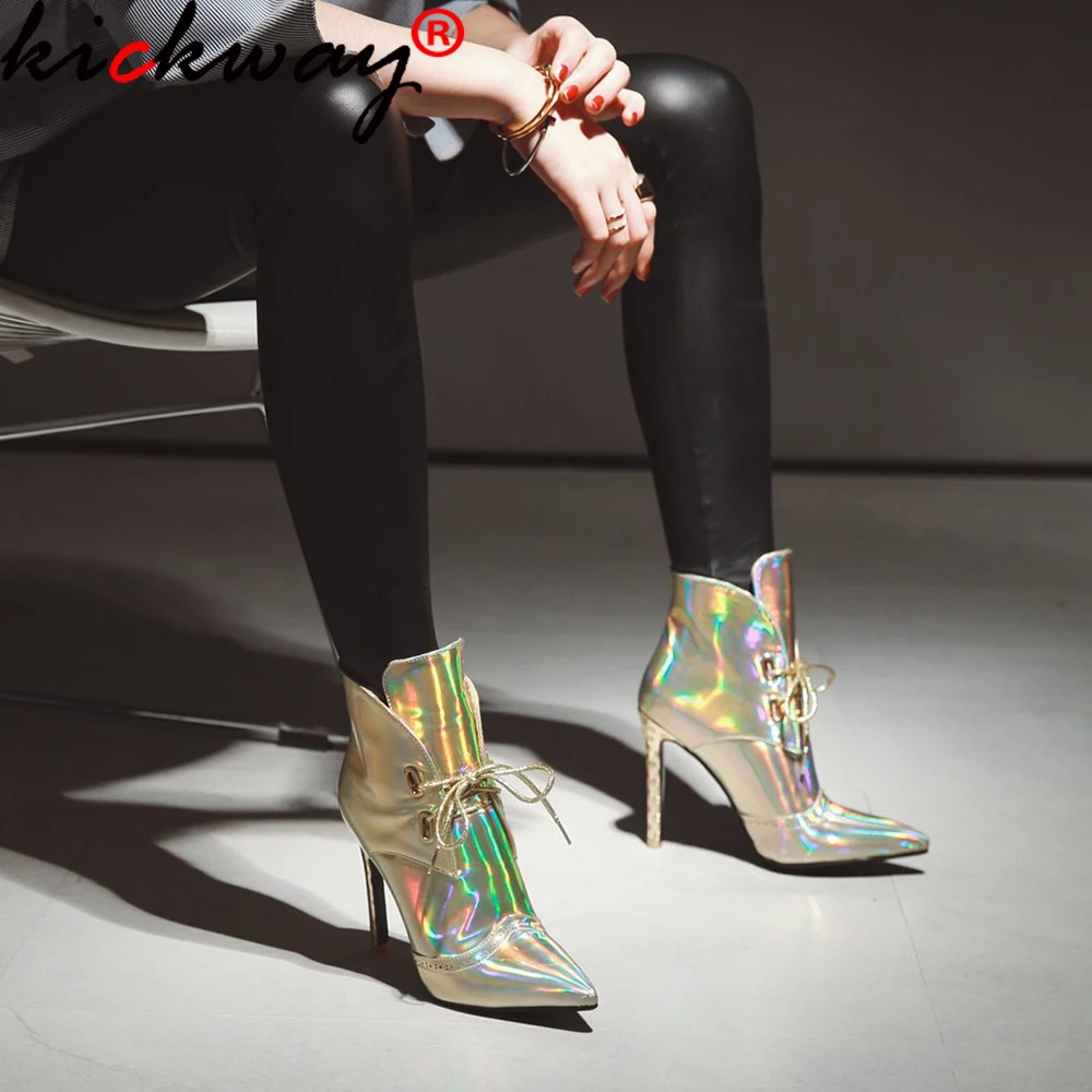 

Fashion Women Boots Patent Leather Thin High Heels Autumn Shoes Woman Pointed Toe Rubber Ankle Boots Gold Zapatos Mujer 34-47