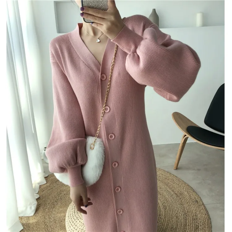 

Women Sweater Dress Sexy V Neck Lantern Sleeve Single Breasted Knitted Midi Dress Elegant Solid Soft Winter Clothes Office Lady
