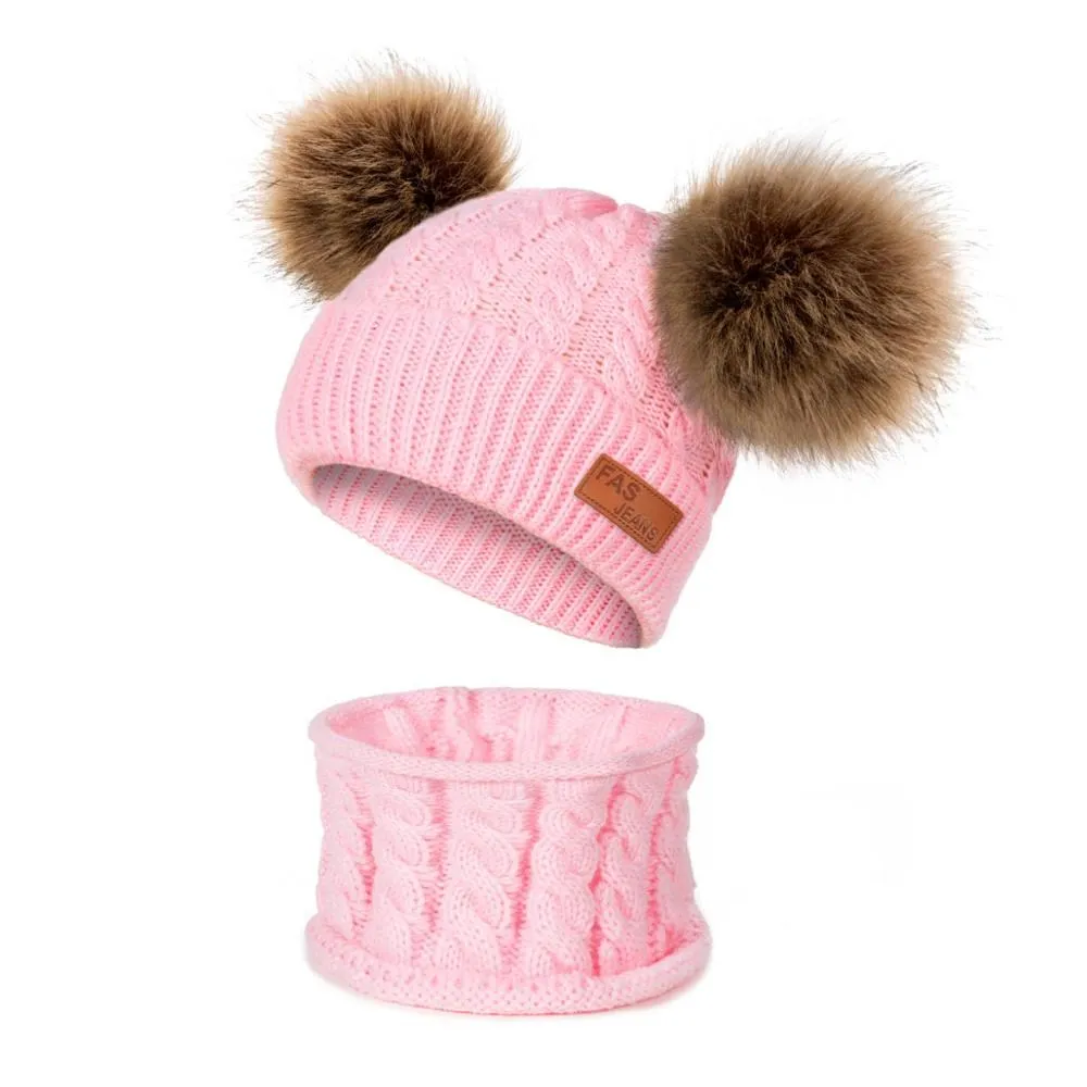 Pink set Детская шапка с помпоном, зимний шарф, детская шапка, вязаная Милая шапка для девочек и мальчиков, Повседневная однотонная шляпа детская шапочка - Цвет: Pink set
