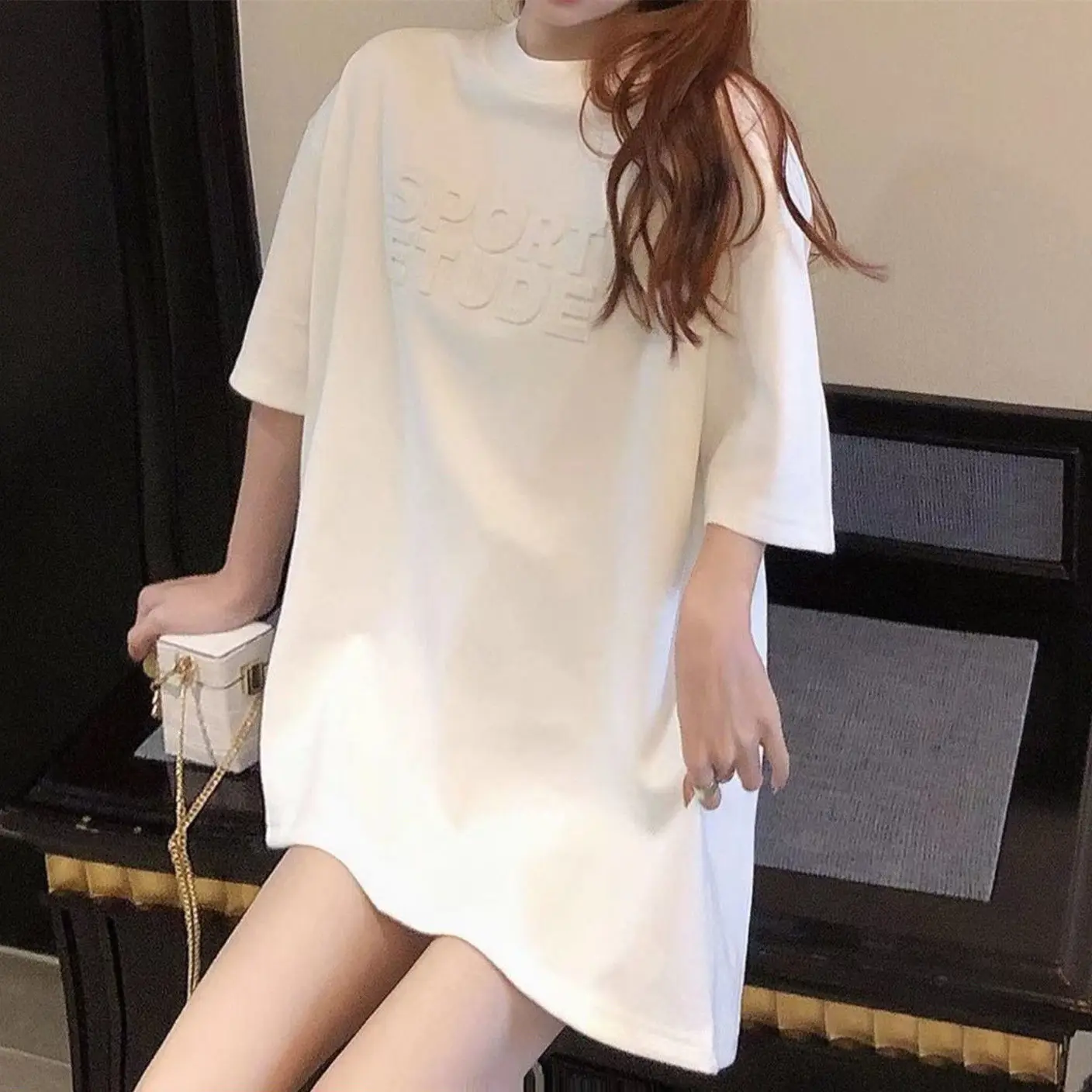 

Pink mid-length 3D letters short-sleeved t-shirt 2021 summer fashion loose O-neck casual student mid-sleeve top women's clothing