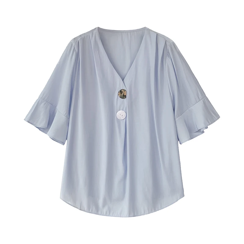 

New 2021 Summer Women Blouse Elegant Office Shirt Chiffon White Solid Flare Sleeve V Neck Female Tops Casual OL Style