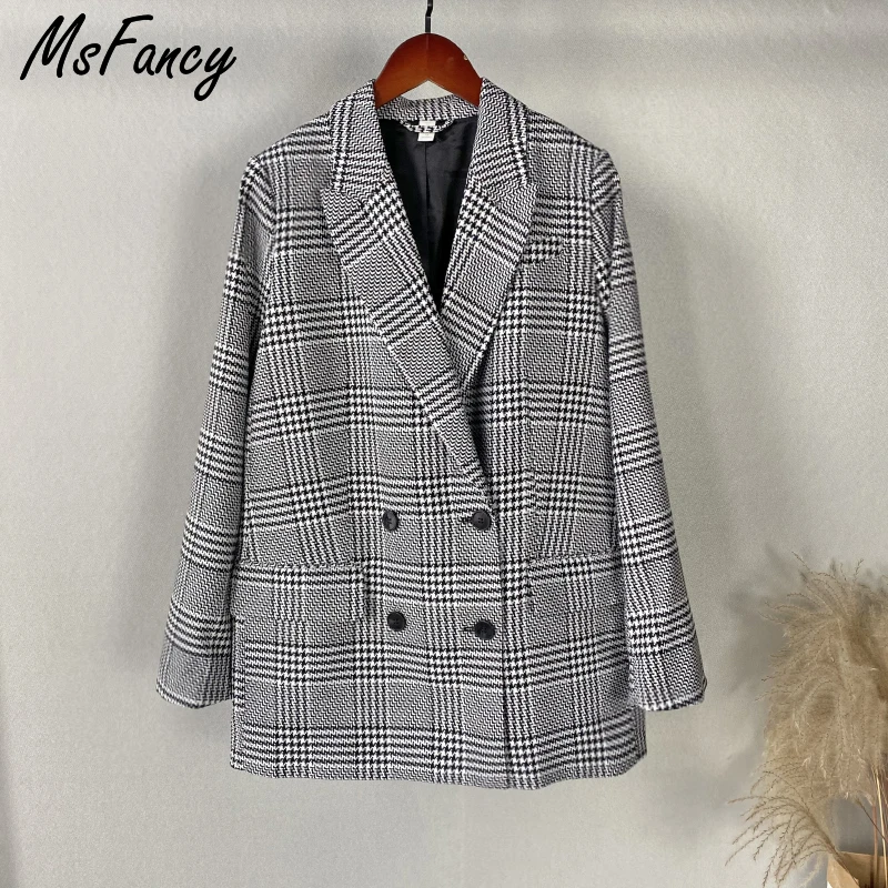 Msfancy клетчатый блейзер для женщин двубортный пиджак Для 2021 негабаритных Винтаж