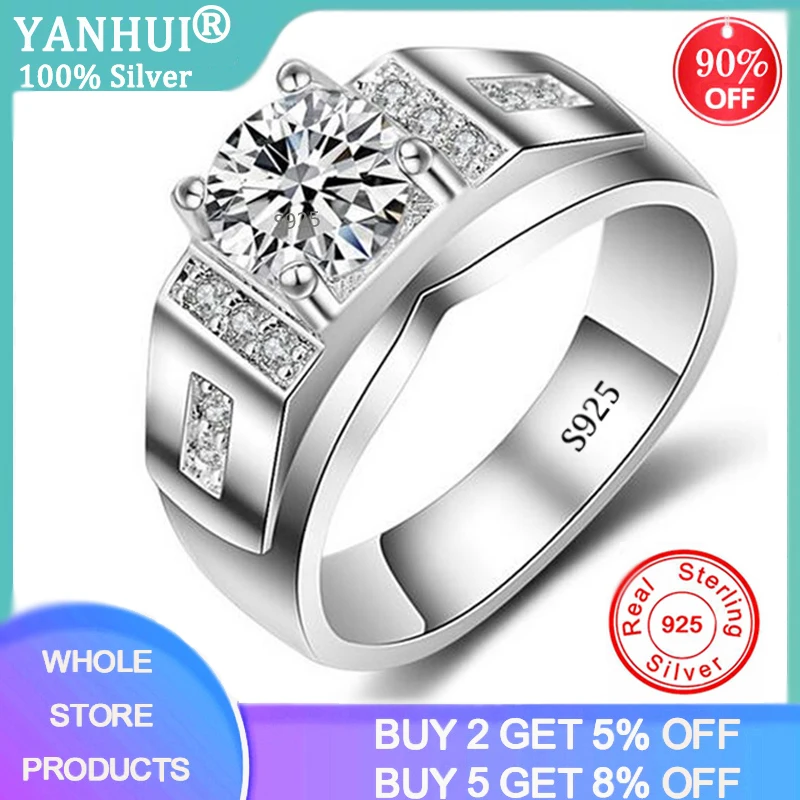 

YANHUI 100% Real 925 Sterling Silver Big Zirconia Diamond Rings for Women Man Gift Wedding Band Engagement Jewelry MJZ008