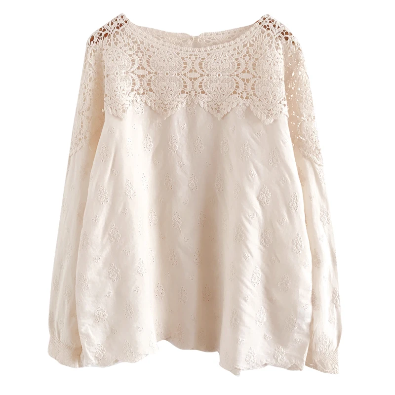 

Lace Hollow Out Women Blouse Summer New 2021 Solid Loose Long-Sleeved Elegant Female Pulls Tops