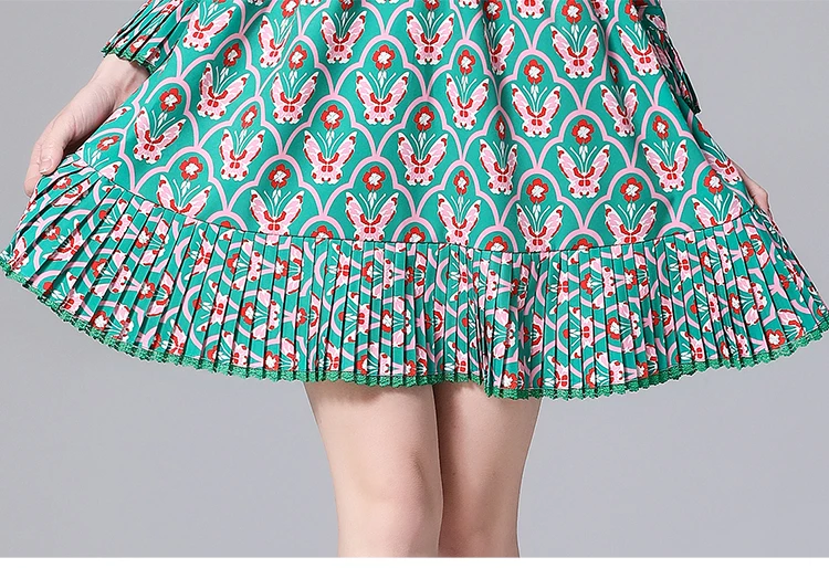 

High-End Designer Vintage Print Women Bow Long Sleeve Patchwork Lace Slim Mini Dress 2021 Summer Plus Size Runway Vestidos 2XL