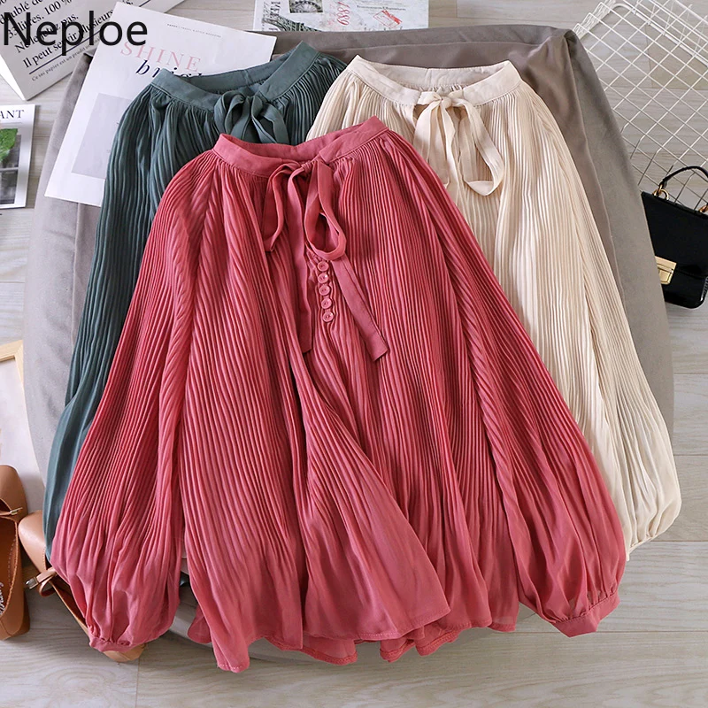 Женская блузка с длинным рукавом и круглым вырезом Neploe Весенняя Свободная бантом