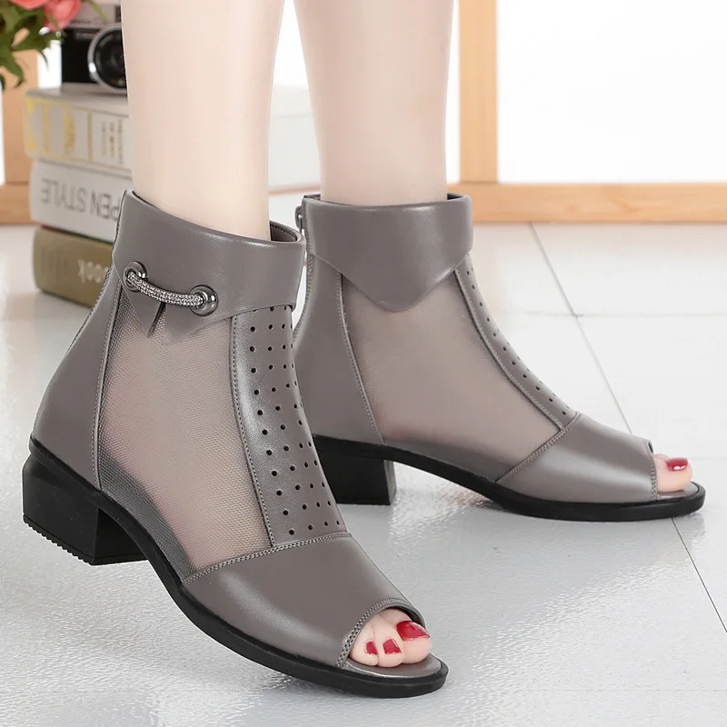 GKTINOO New Summer Ankle Boots For Women Fashion Cut-Out Mesh Zip Sandals Ladies Peep Toe High Heels Shoes Woman Genuine Leather | Обувь