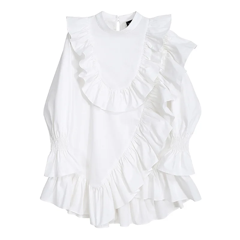 

New Women's Shirt Autumn Loose Lotus Leaf Lace Women's Shirt Plus Size Clothes Blouse Women 2021 Black White