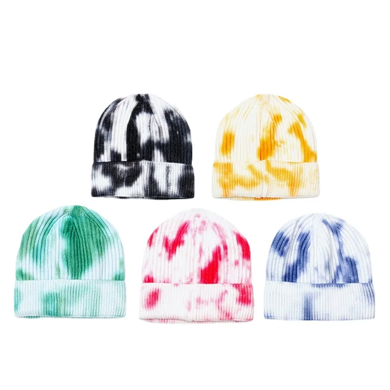 

Korean Autumn Winter Tie-dye Beanie Hat Ribbed Knit Hat Gradient Color Cuffed Short Melon Cap Men Bonnets For Women Skullies Cap