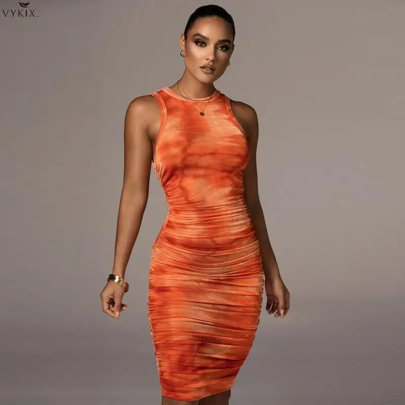 

Fashion Tie Dye Print Sleeveless Mini Dress Ruched Bodycon Sexy Dress Womens Party Elegant 2021 Summer Clubwear Slim Lady Office